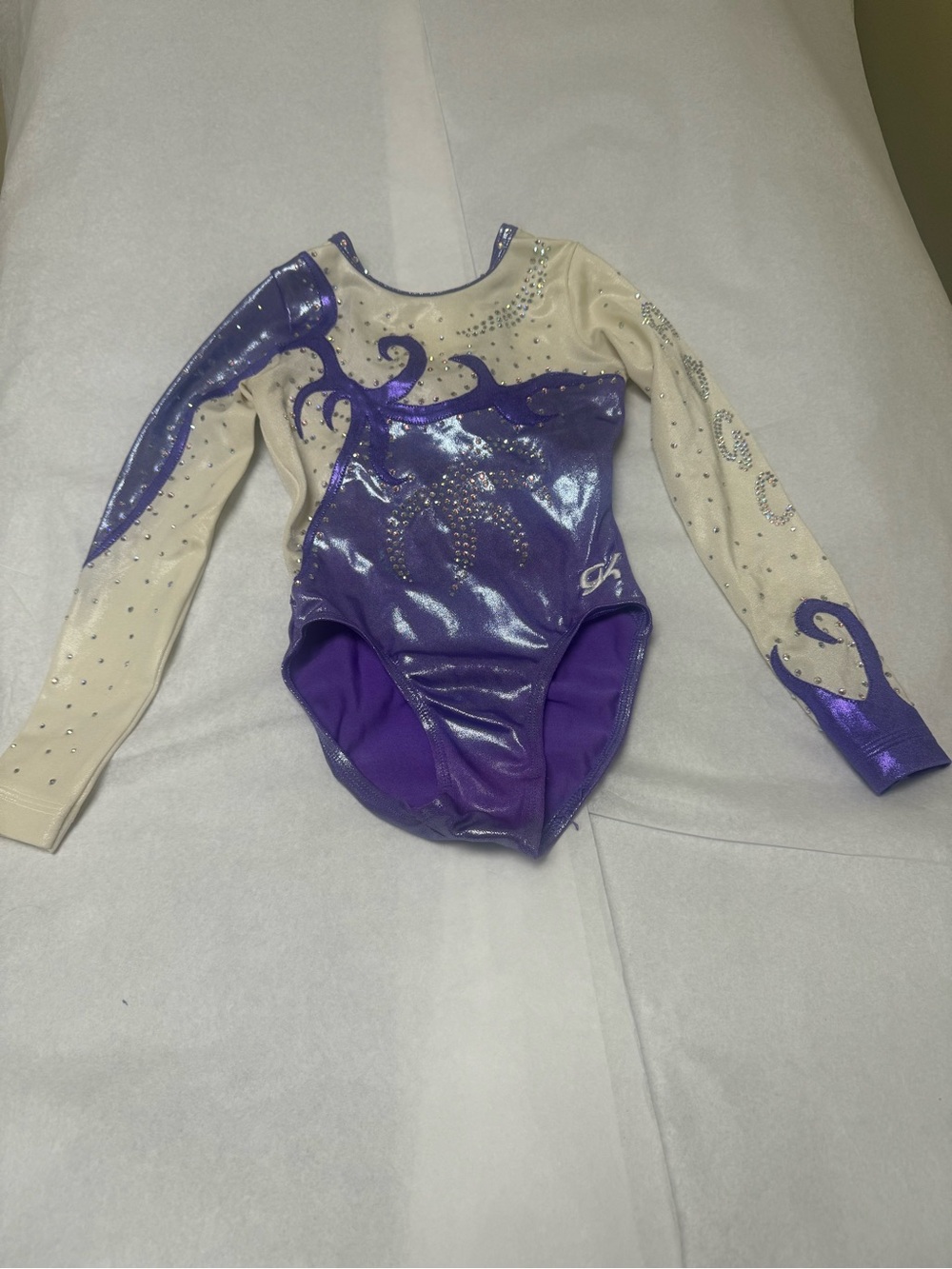 🟣GK Elite gymnastics Purple and Cream Shiny Long Sleeve Leotard 🟣
